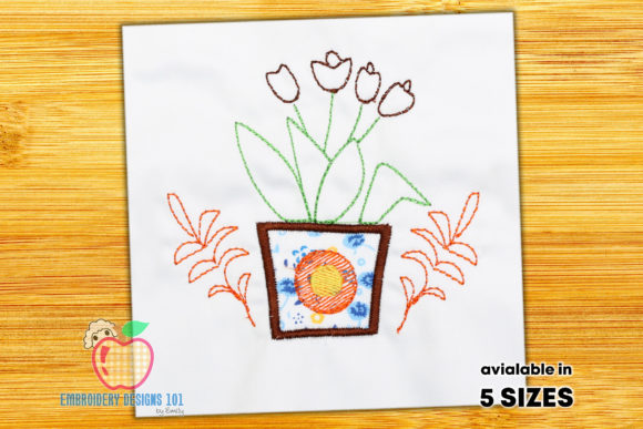 A Closer Look at the Designed Pot of Flowers Embroidery Design