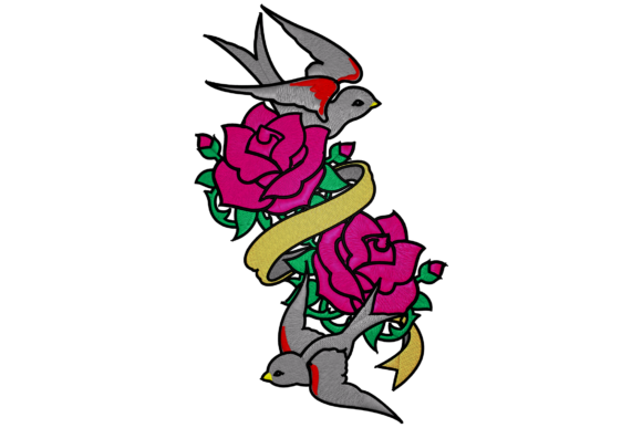 Roses and Swallow Embroidery: A Cozy and Romantic Design